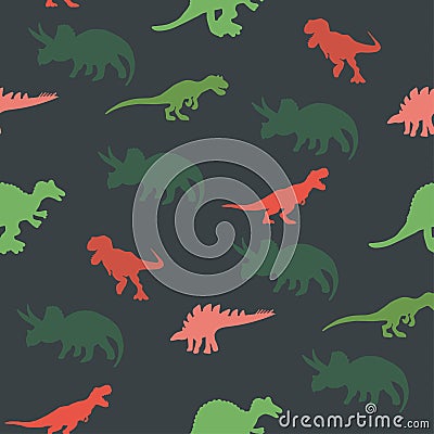 Colourful contrast dinosaurs silhouette seamless pattern on green colour background Stock Photo