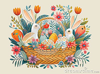 Colourful Cute Easter Bunny in Basket with Flowers and Eggs Generative AI Illustration Stock Photo