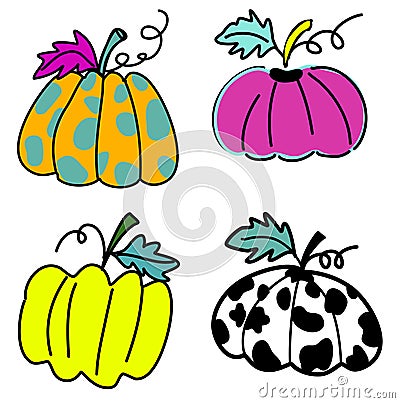 Colourful pumpkins clipart set pattern with pink, bright green, polkadot and cow pumpkin hand drawn cartoon vector Vector Illustration