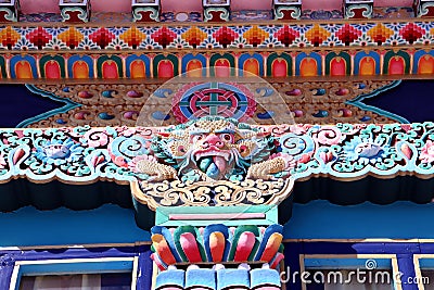 Colourful design on a wall of a Monastery in Tawang Arunachal Prodesh,India,art work of a monastery,Buddha culture,piller Stock Photo