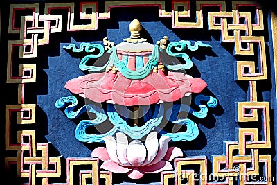 Colourful design on a wall of a Monastery in Tawang,art work of a monastery,Buddha culture,piller Stock Photo