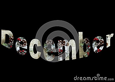 Colourful design word December font stock vector decorative element in red, green and white on black background. Stock Photo