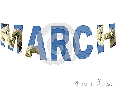 Colourful design word March font stock vector decorative element in blue on white background. Arched letters banner background. Stock Photo