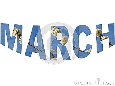 Colourful design word March font stock vector decorative element in blue on white background. Arched letters banner background. Stock Photo