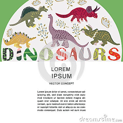 Colourful dinosaurs flat composition with hand lettering and text Vector Illustration