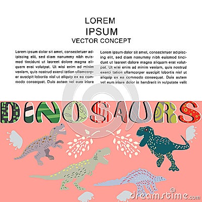 Colourful dinosaurs flat hand drawn composition with hand lettering Vector Illustration