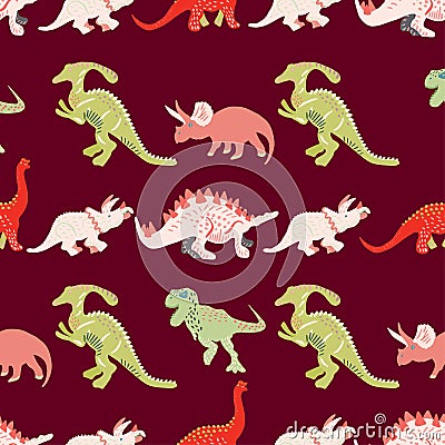 Colourful dinosaurs seamless pattern on brown background Stock Photo