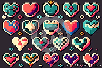 Colourful diverse pixel hearts on gray background, created using generative ai technology Stock Photo