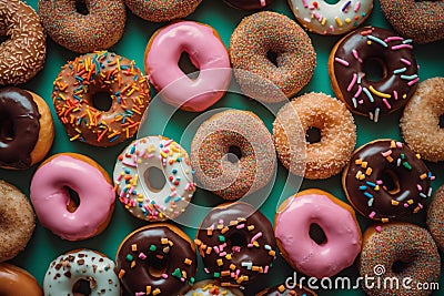 Colourful Donuts background. Top view of assorted glazed donuts. Stock Photo