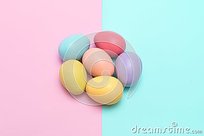 Colourful easter eggs placed in a flower shape Stock Photo