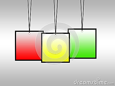 Colourful empty tags hanging against grey background Stock Photo