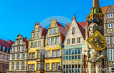 Colourful facades with bremer roland statue in Bremen, Germany Editorial Stock Photo