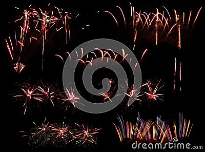 Colourful fireworks explosion on black background, pack of variety of different isolated patterns designs for composition Stock Photo