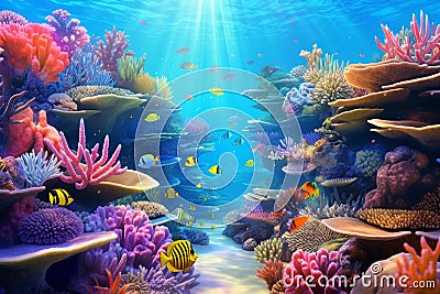 Colourful fish swimming in underwater coral reef landscape. Deep blue ocean with colorful fish and marine life Stock Photo