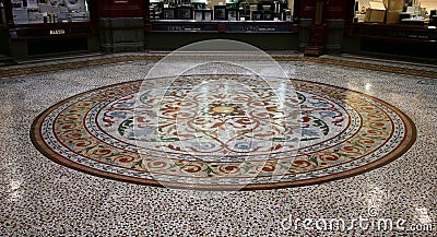 Colorful circular mosaic tiling inside Victorian shopping mall of historic Block Arcade in Melbourne CBD, Australia Editorial Stock Photo