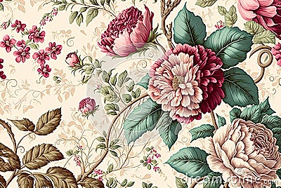 Colourful floral pattern with large flowers and leaves on a light beige background. A chintz textile background. Created with Stock Photo