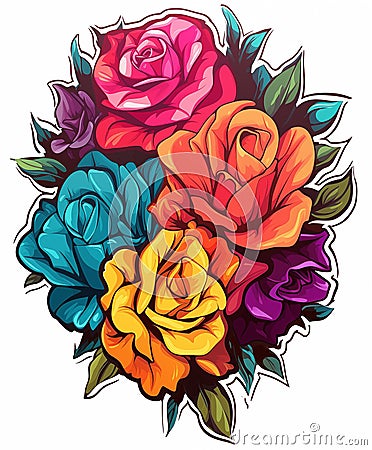 Colourful floral roses sticker pattern design white background Stock Photo