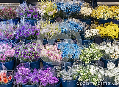 Colourful flower Bouquet display in front florist shop Stock Photo