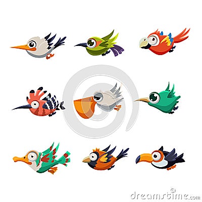 Colourful Flying Birds in Profile Vector Vector Illustration