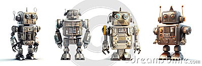 Colourful Four Retro Tin Robots Generative AI Illustration Stock Photo