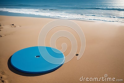 A colourful frisbee on a sandy beach Stock Photo