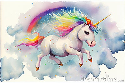 Colourful fun baby unicorn running Cartoon Illustration