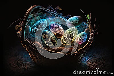 Colourful glowing easter eggs in a basket Stock Photo