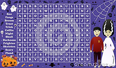 Colourful halloween riddle for searching words with cute characters on violet background with pumpkins and ghosts Vector Illustration