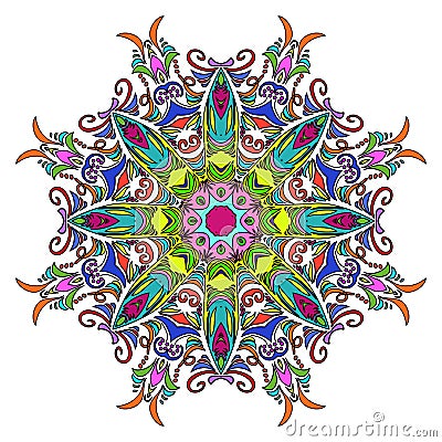 Colourful Hand Drawn Mandala, Oriental Decorative Element, Vintage Style. Vector Illustration