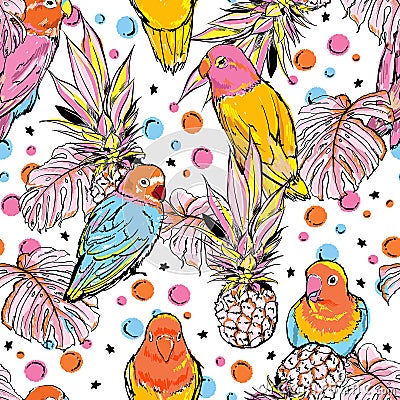 Colourful hand sketch bird with summer fruits pineapples and tropical leaves ,polka dots seamless pattern vector EPS10,Design for Vector Illustration