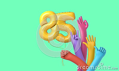 Colourful hands holding a happy 85th birthday party balloon. 3D Rendering Stock Photo