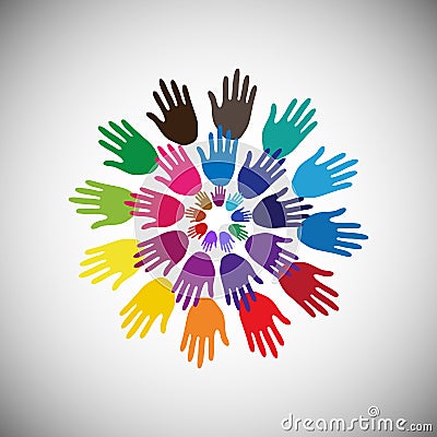 Colourful Hands on white background in Circle, Concept of spreading joy and happiness also illustrates concept of symbol Vector Illustration
