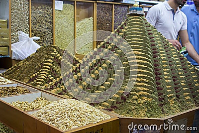 Colourful Herbs and Spices on Display in a specialist food store Stock Photo