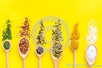 Colourful herbs spices and flavoring for cooking Stock Photo