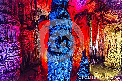 Colourful illuminated Cave of Arta, Mallorca Stock Photo