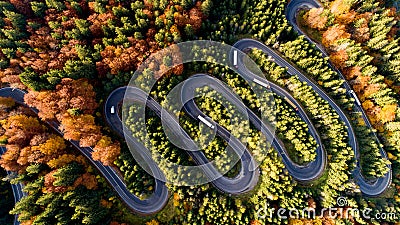 Colourful landscape aerial view of highway, cars, trees with yellow and orange leaves. Europe roads details Stock Photo