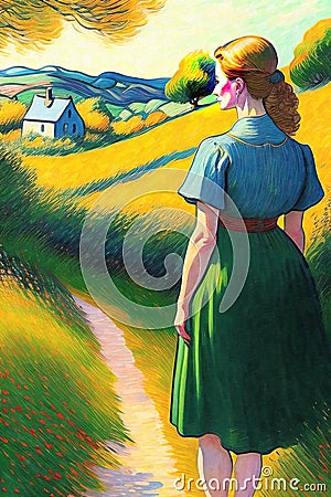 Colourful landscape oil painting with a single woman -AI generated Stock Photo