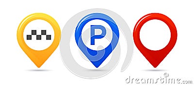 Colourful map pointers. Map pointer, map parking pointer, map taxi pointer. Vector Illustration
