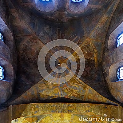 Colourful medieval painting on the ceiling of the main nave in Braunschweig Cathedral, with the peaceful sheep of Jesus in the Stock Photo