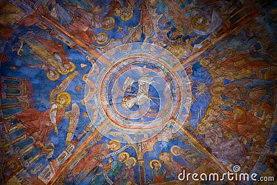 Colourful medieval painting on the ceiling of the main nave in Braunschweig Cathedral, with the peaceful sheep of Jesus in the Stock Photo