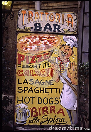 Italian restaurant menu board, offering traditional food. Editorial Stock Photo