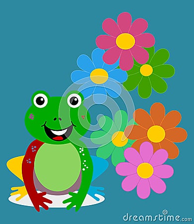 Colourful merry carnival frog with spring flower on blue background Vector Illustration