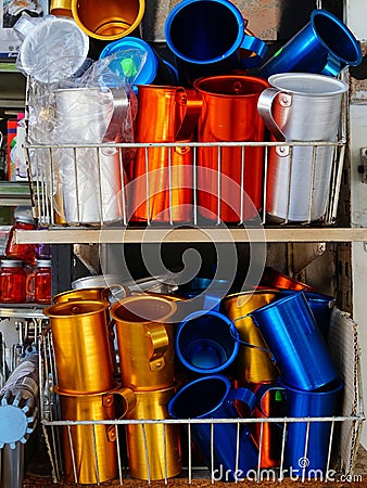 Colourful Metal Pitchers Stock Photo