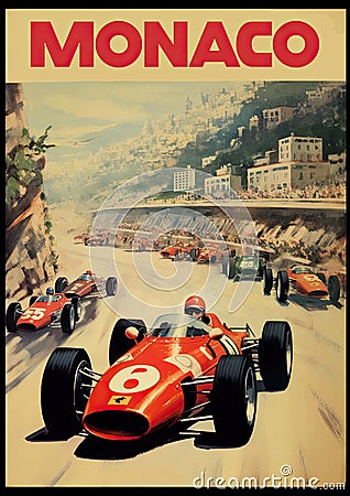 Colourful Monte Carlo Grand Prix Retro Poster Generative AI Illustration Stock Photo