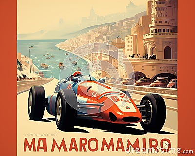 Colourful Monte Carlo Grand Prix Retro Poster. Cartoon Illustration