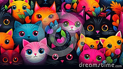 Colourful multiple cats portrait crowd cartoon illustration Cartoon Illustration