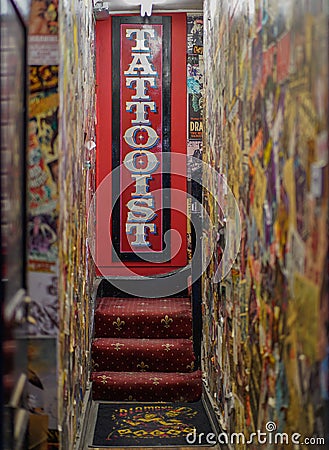 Colourful tattoo shop, tattooist, in Camden, London Editorial Stock Photo