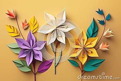 Colourful origami paper flowers on orange background, created using generative ai technology Stock Photo