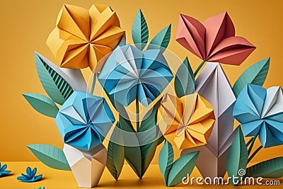 Colourful origami paper flowers on orange background, created using generative ai technology Stock Photo