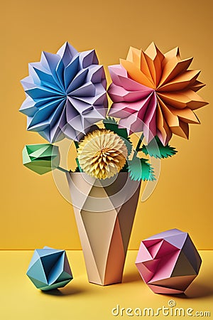 Colourful origami paper flowers on orange background, created using generative ai technology Stock Photo